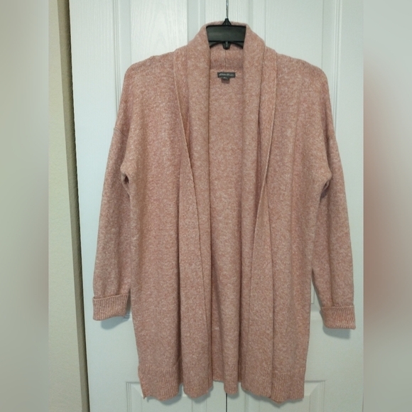 Eddie Bauer Pink Heathered Cotton Blend Open Front Long Cardigan Sweater - M/L - Picture 1 of 10